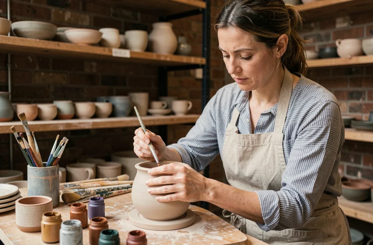Femme peignant une poterie artisanale dans un atelier de céramique cosy, activité créative de loisir