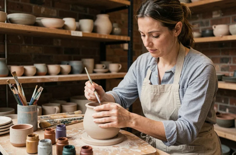Femme peignant une poterie artisanale dans un atelier de céramique cosy, activité créative de loisir