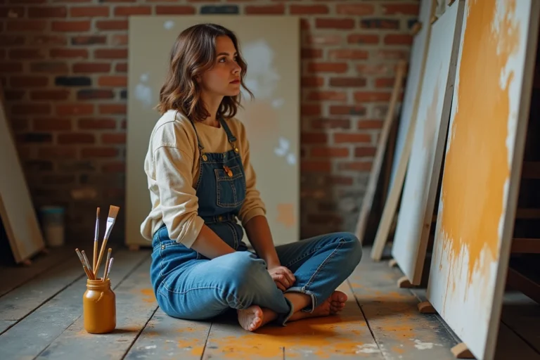 Femme peignant sur une toile dans un atelier créatif aux murs en briques, entourée de pinceaux et de matériaux artistiques