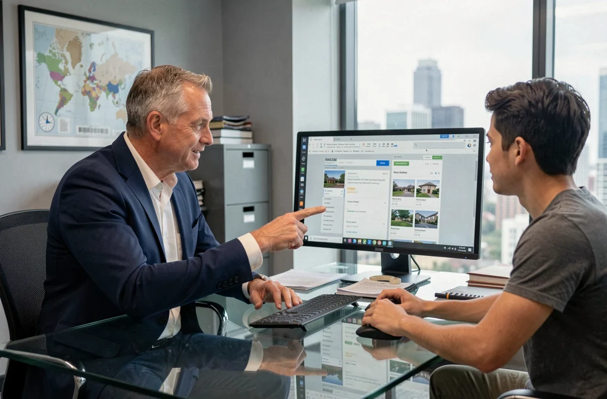 Agent immobilier présentant des résultats de recherche immobilière en ligne à un client dans une agence moderne