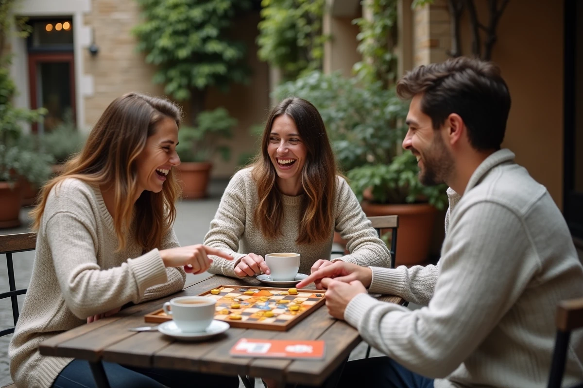 Groupe d'amis jouant à un jeu de société à une table de terrasse en bois dans une cour pavée