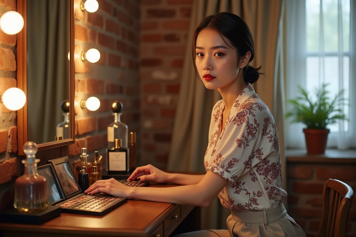 Femme assise devant une coiffeuse vintage avec palettes de maquillage et pinceaux pour sublimer son look au quotidien