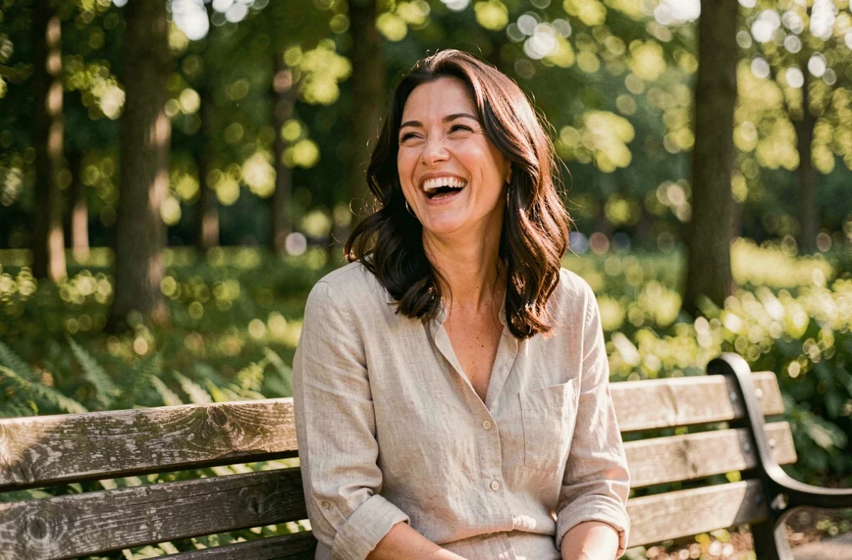 Femme souriante assise sur un banc en bois dans un parc verdoyant, ambiance familiale chaleureuse