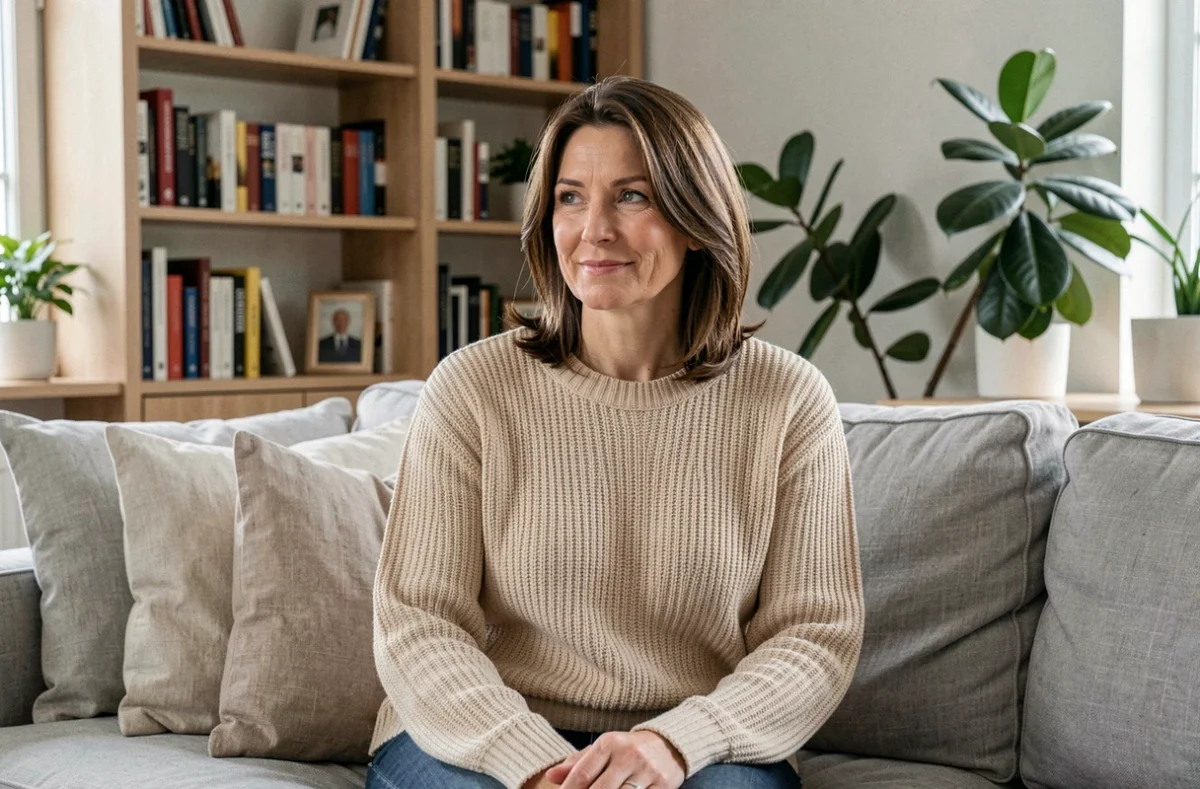 Femme détendue dans un salon moderne et chaleureux, décor familial contemporain avec bibliothèque