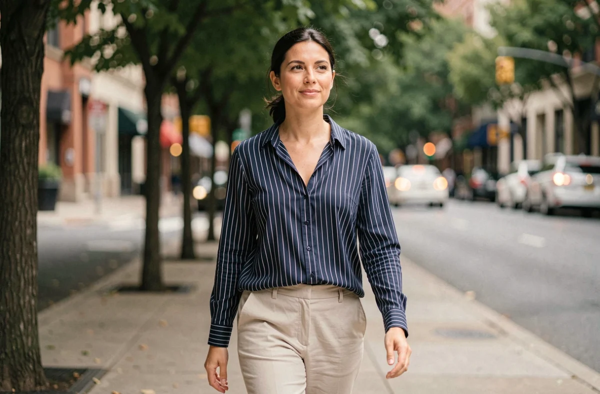 Femme élégante marchant sur un trottoir urbain bordé d'arbres, portrait éditorial naturel en extérieur