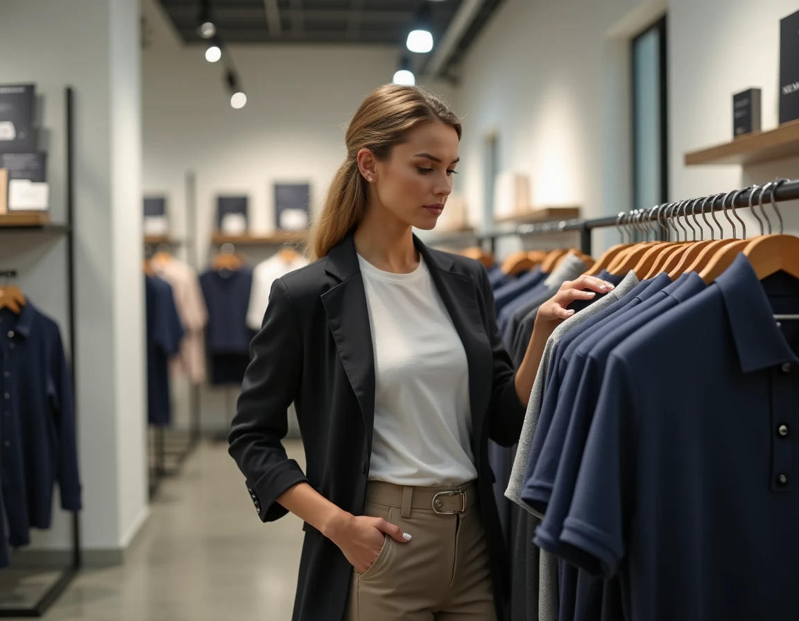 Jeune femme comparant des polos de marques dans une boutique de mode haut de gamme, symbolisant le choix du consommateur face aux concurrents de Lacoste