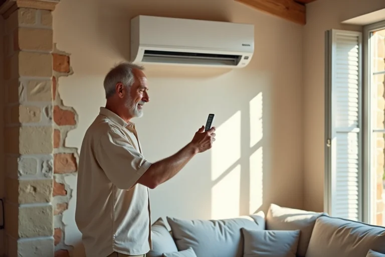 Unité de climatisation réversible Daikin installée dans un salon moderne de Montpellier avec un homme réglant la télécommande
