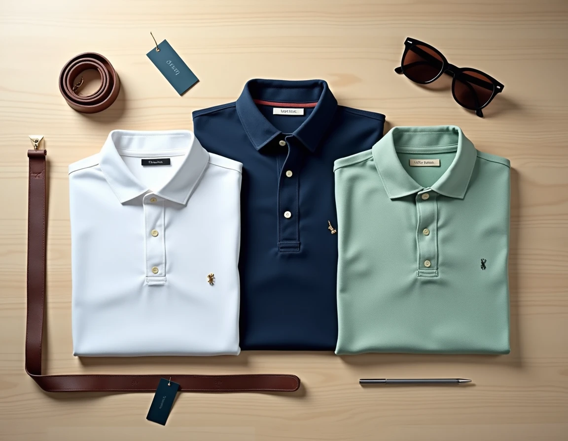 Flat lay comparatif de polos de différentes marques concurrentes sur fond bois, pour illustrer les alternatives à Lacoste dans le secteur mode