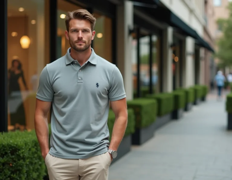 Homme portant un polo de marque premium dans un quartier commerçant urbain, illustrant la concurrence dans le secteur du prêt-à-porter haut de gamme