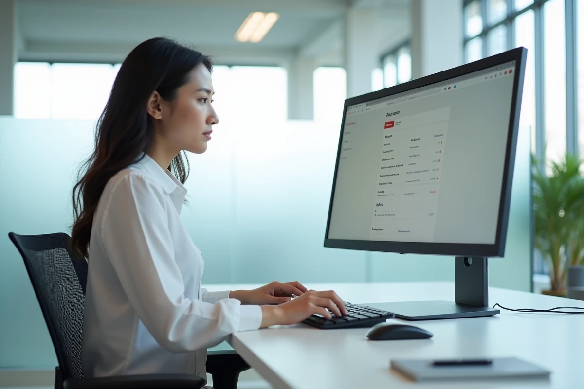Professionnelle configurant la synchronisation de son compte Google sur un grand écran dans un bureau moderne en open space