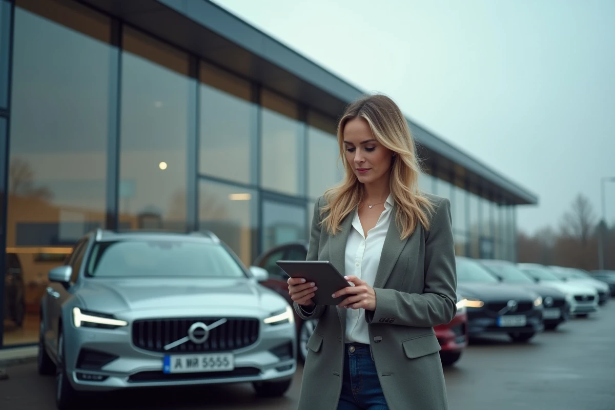Conseillère automobile consultant une tablette devant un showroom de voitures neuves en France