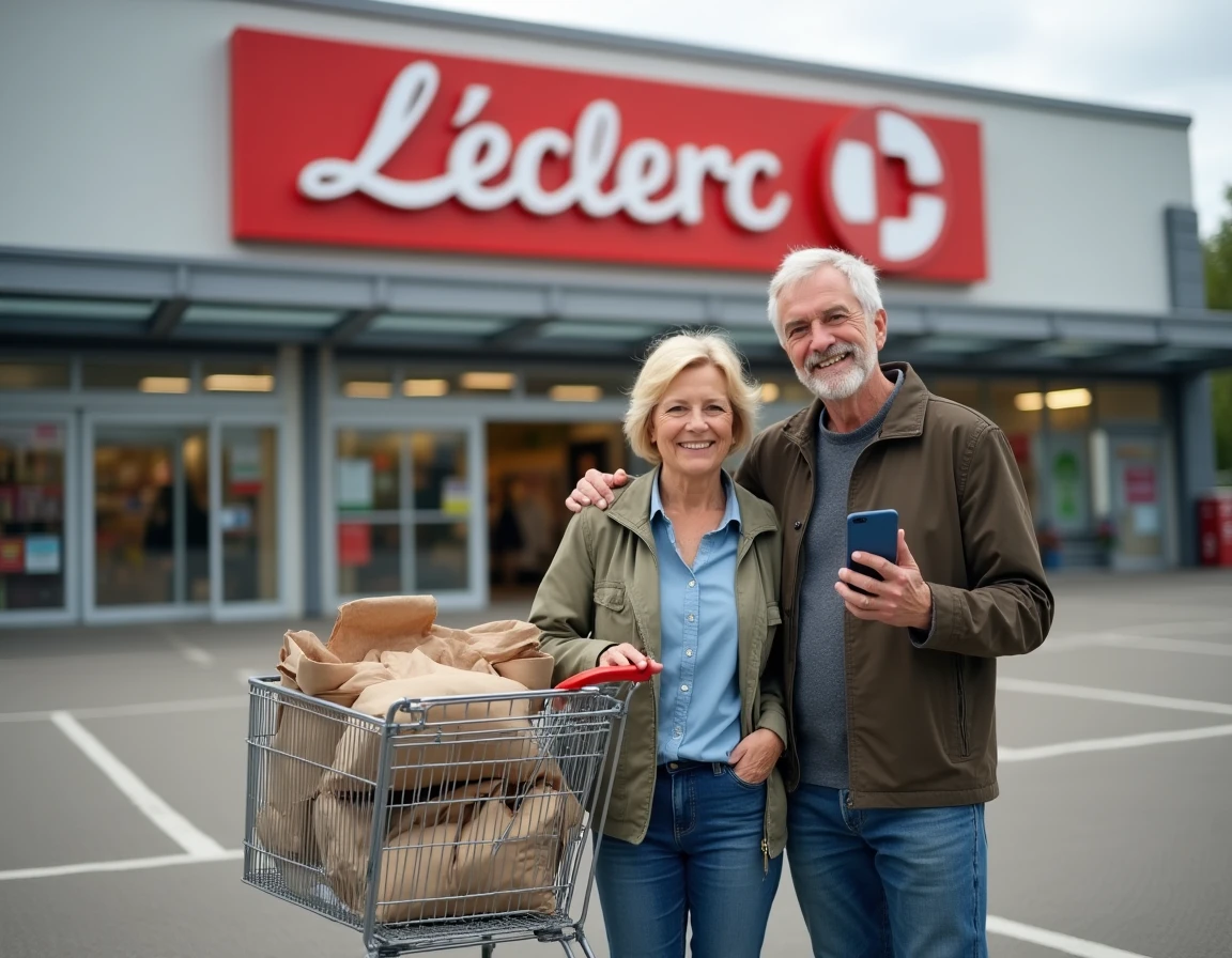 Couple consultant une application bancaire sur smartphone dans le parking d'un hypermarché Leclerc après leurs courses