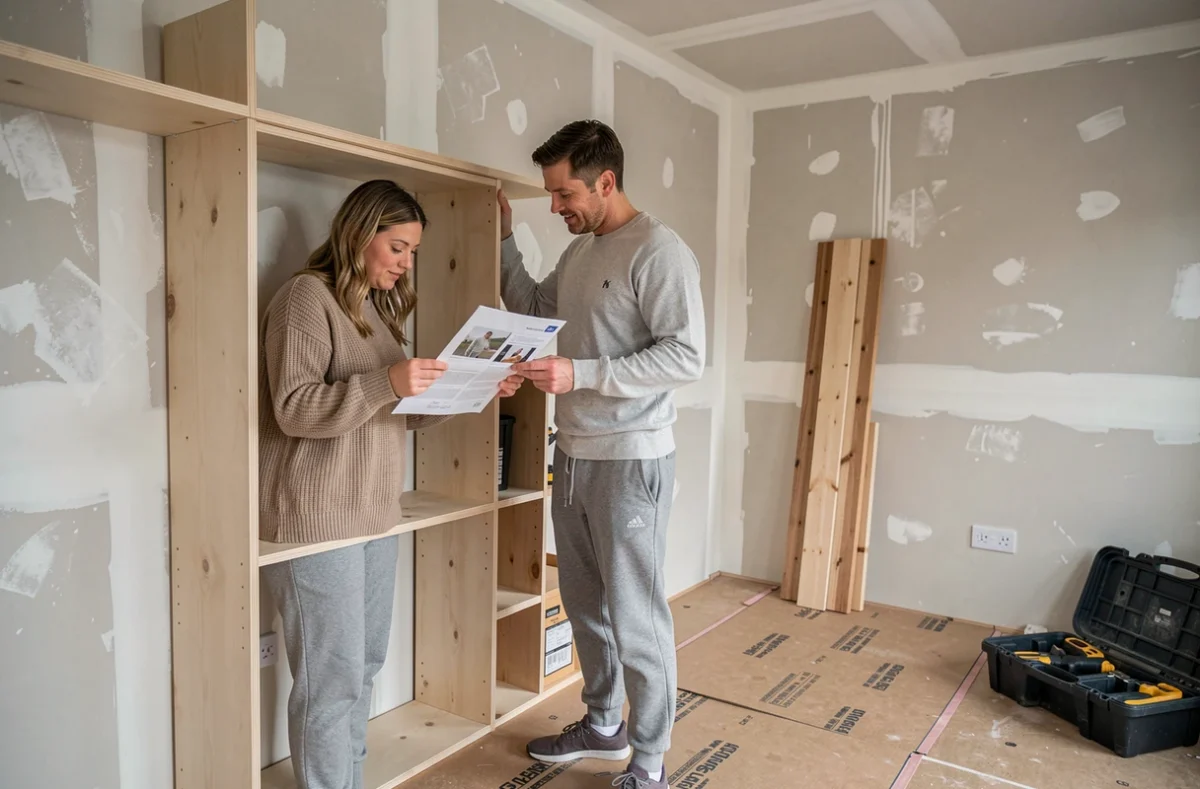 Couple assemblant des étagères en bois dans un salon en rénovation, bricolage et amélioration intérieure maison