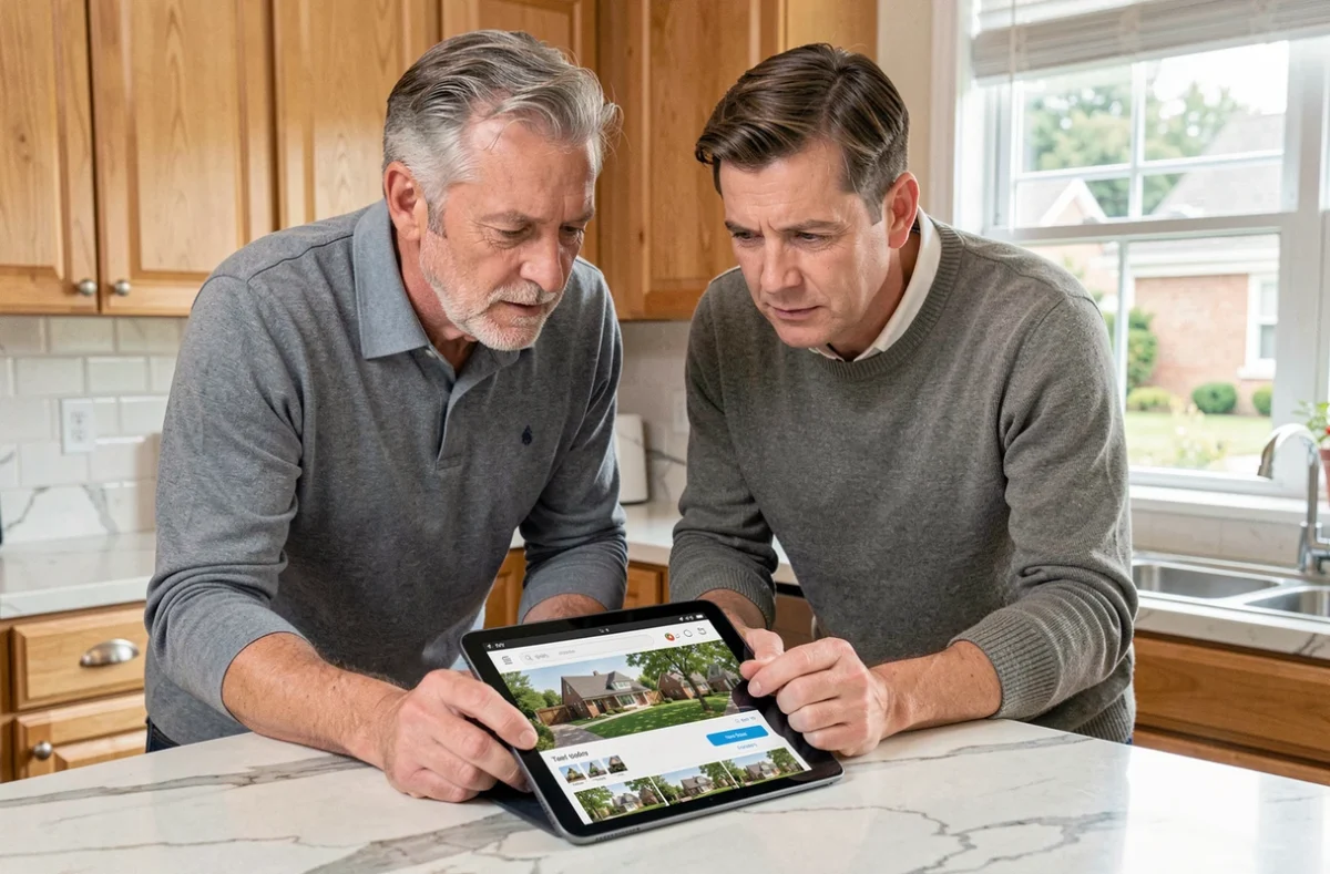 Couple consultant un moteur de recherche immobilier sur une tablette dans leur cuisine pour trouver un bien immobilier