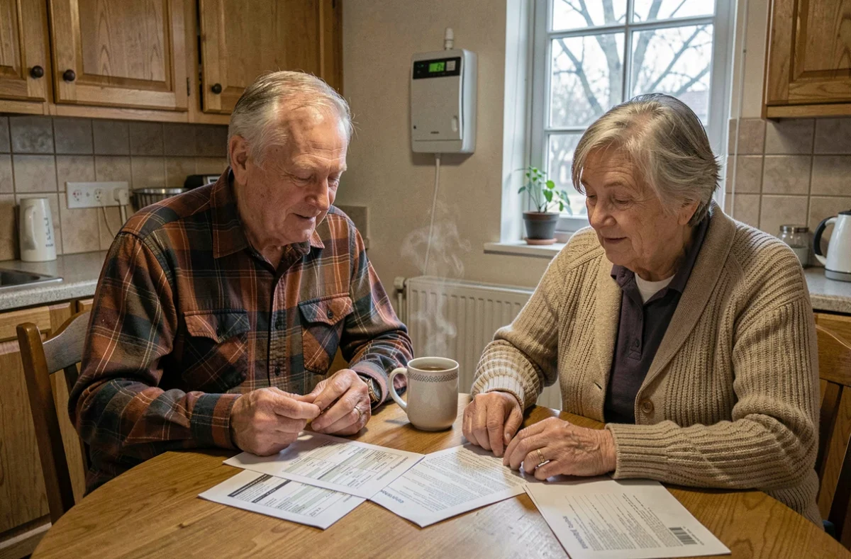 Couple de seniors analysant leur facture de chauffage autour d'une table de cuisine pour optimiser leur consommation d'énergie