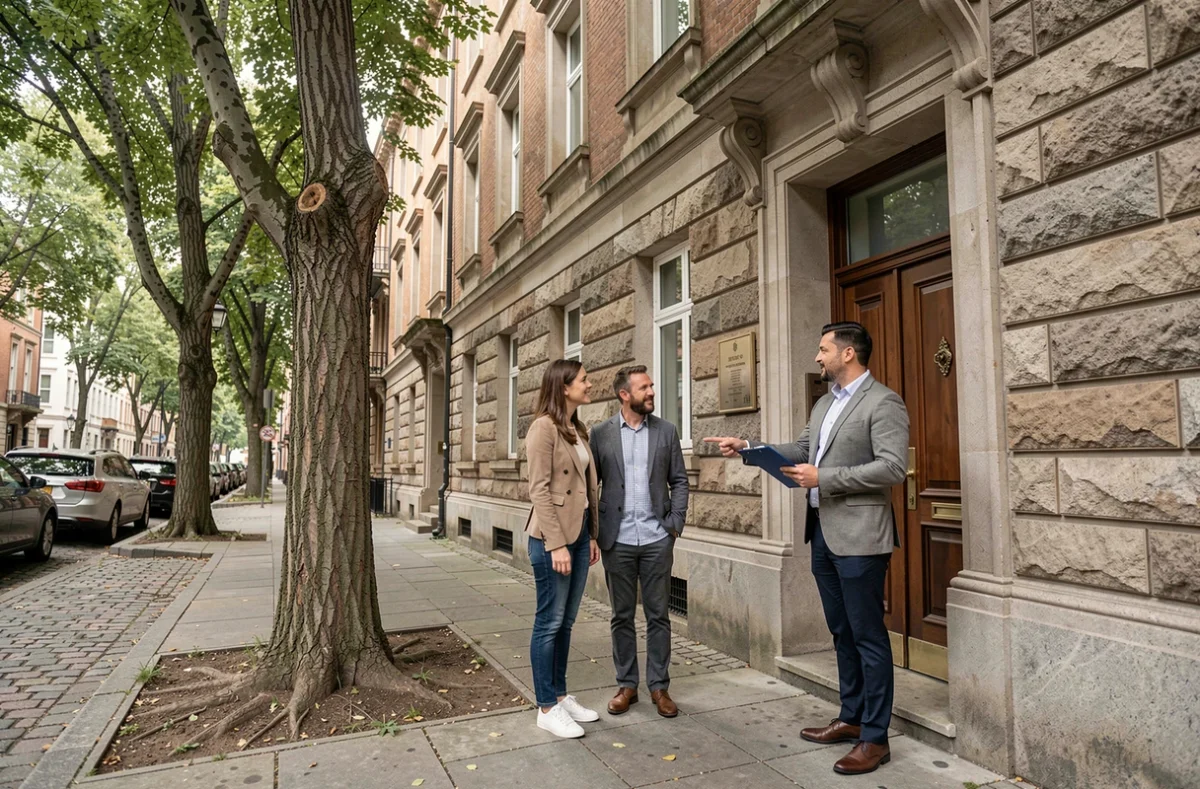 Couple visitant un immeuble résidentiel avec un agent immobilier dans une rue urbaine