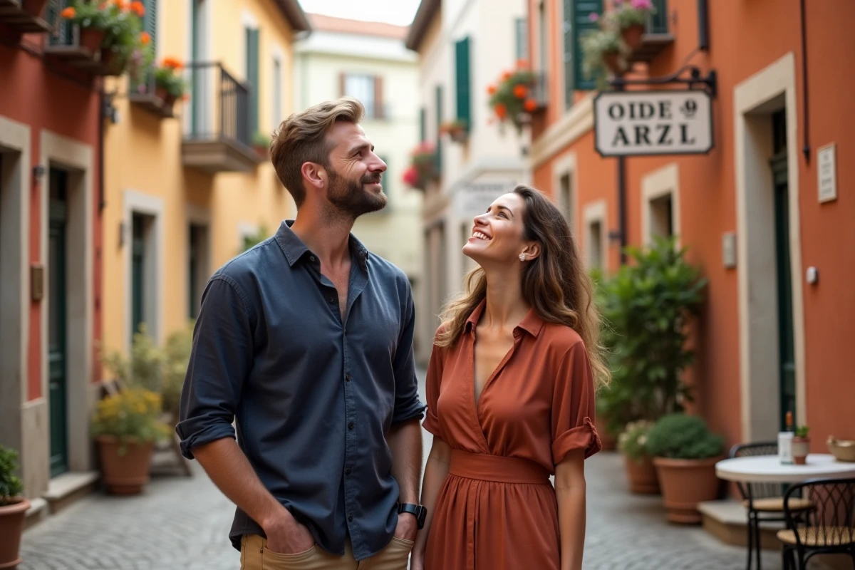 Couple de voyageurs dans une ruelle pittoresque d'un village méditerranéen, regardant un panneau de rue en céramique peinte lors de leurs vacances en Europe