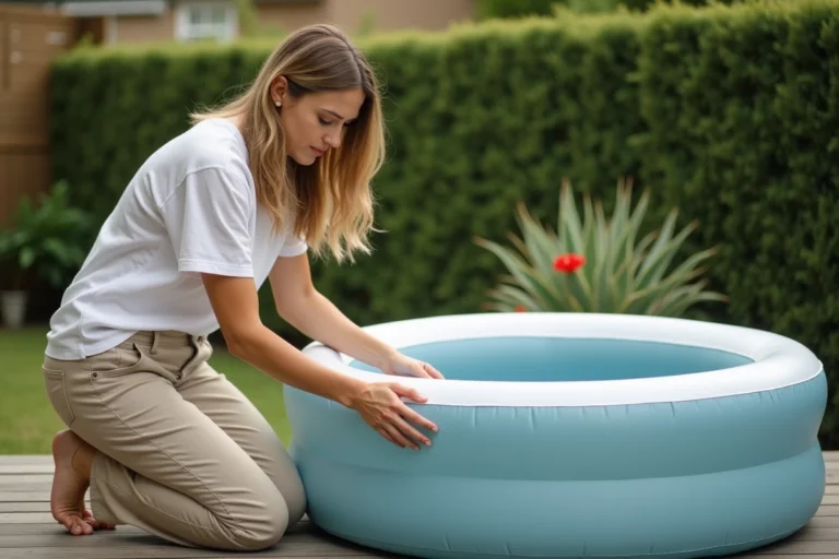Femme en train de dégonfler un spa gonflable MSPA Lite en appuyant sur la valve de vidange sur une terrasse en bois