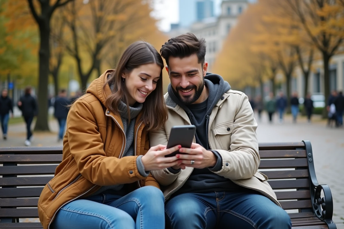Deux personnes explorant ensemble les rubriques d'un site d'actualité sur un smartphone dans un parc urbain