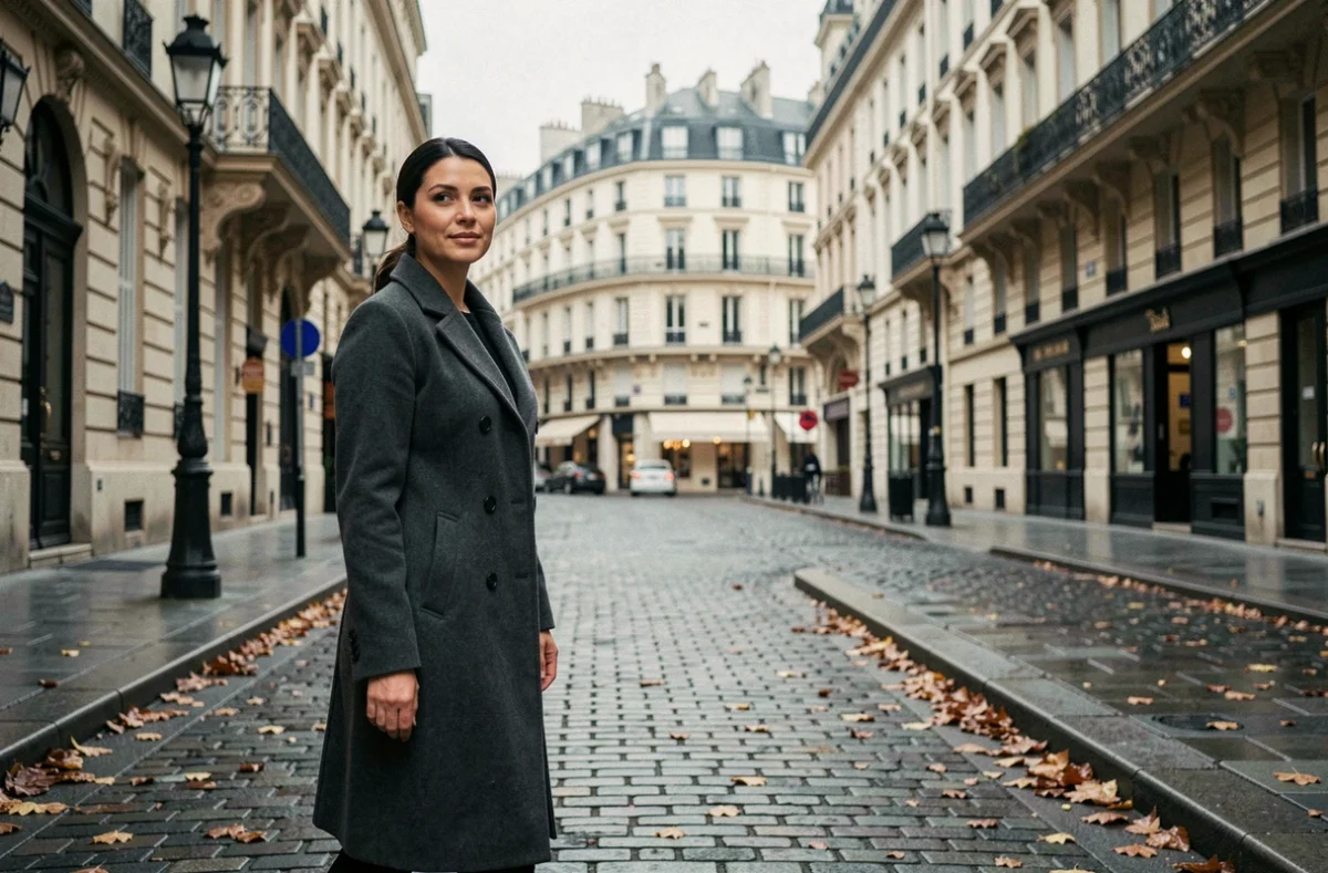 Femme élégante marchant dans une rue parisienne pavée en automne, parcours discret d'une personnalité liée à la politique française