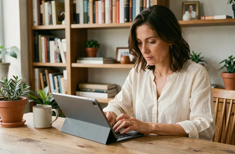 Femme consultant des actualités santé sur une tablette dans un bureau à domicile chaleureux