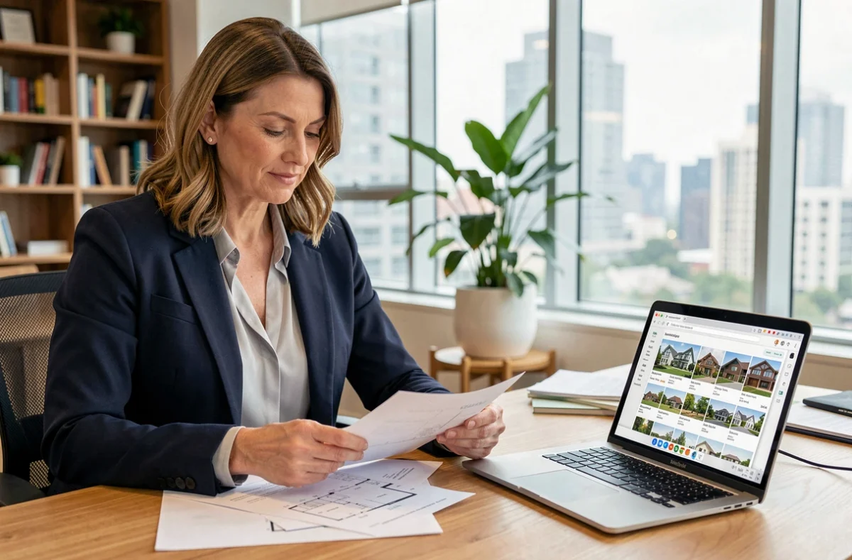 Femme professionnelle analysant des documents immobiliers sur un bureau moderne pour un investissement réussi