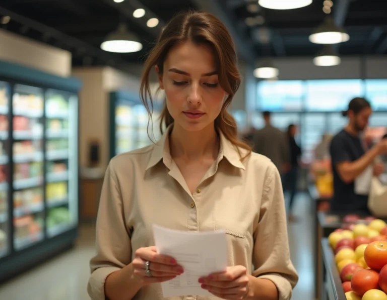 Femme consultant un ticket de caisse Leclerc au moment du passage en caisse pour vérifier une date de débit différé