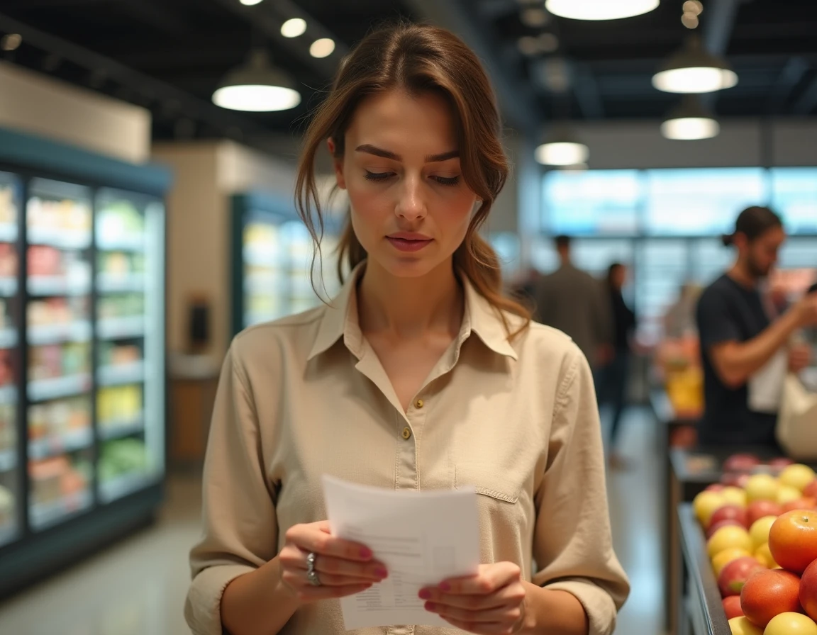 Femme consultant un ticket de caisse Leclerc au moment du passage en caisse pour vérifier une date de débit différé