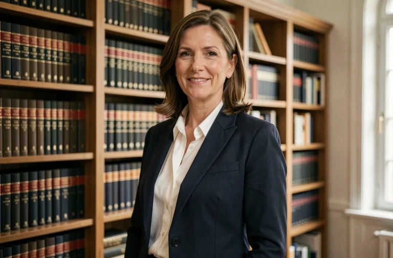 Femme élégante et professionnelle dans un bureau parisien moderne, illustrant le parcours discret d'une personnalité politique française