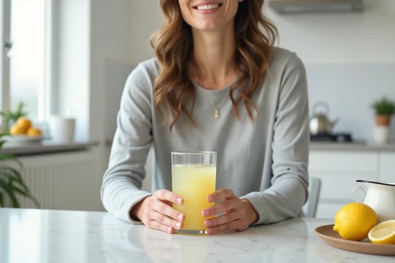 Femme tenant un verre de jus de citron le matin dans une cuisine minimaliste pendant le jeûne intermittent