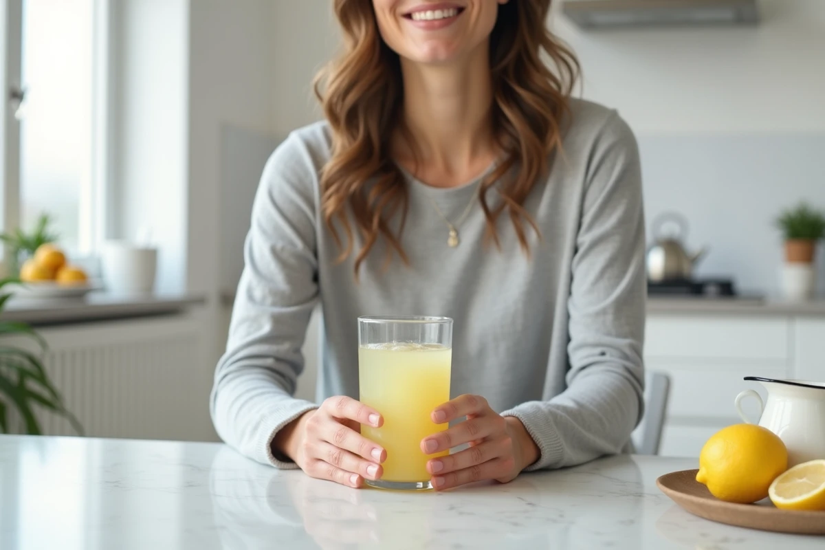 Femme tenant un verre de jus de citron le matin dans une cuisine minimaliste pendant le jeûne intermittent
