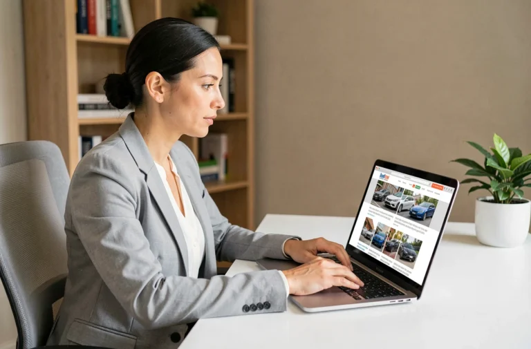 Femme consultant le plan du site d'un magazine automobile sur son ordinateur portable dans un bureau moderne