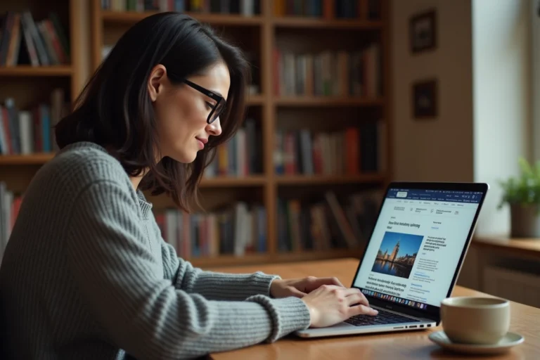 Femme parcourant les rubriques d'un site d'actualité sur son ordinateur portable dans un bureau à domicile