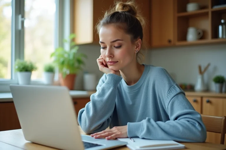 Femme réfléchissant devant son ordinateur dans la cuisine