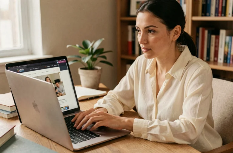 Femme consultant les informations de contact d'un site parental sur son ordinateur portable à domicile