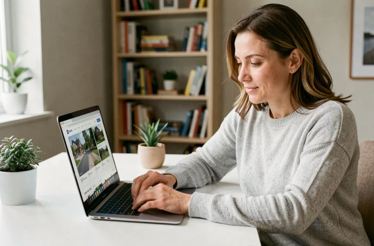 Femme utilisant un moteur de recherche immobilier en ligne sur un ordinateur portable dans un bureau à domicile moderne