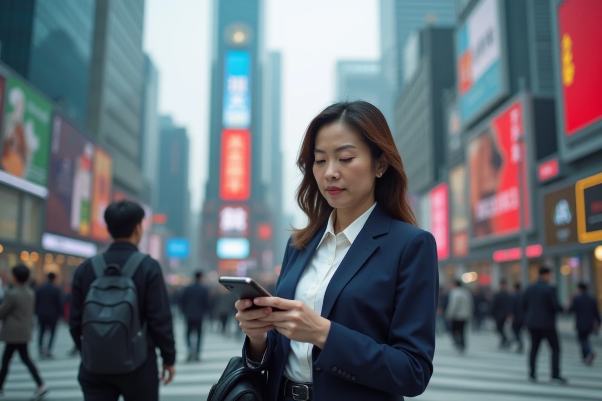 Femme chinoise moderne consultant l'actualité sur smartphone dans une rue animée de Shanghai