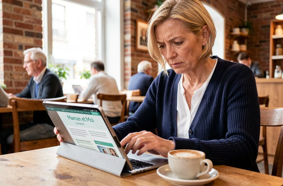Femme d'âge moyen consultant la section contact du site Maman et Moi sur une tablette dans un café