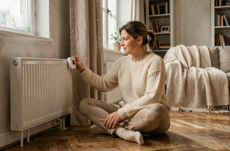 Femme en pull tricoté réglant un thermostat programmable pour réduire la facture de chauffage dans un salon chaleureux