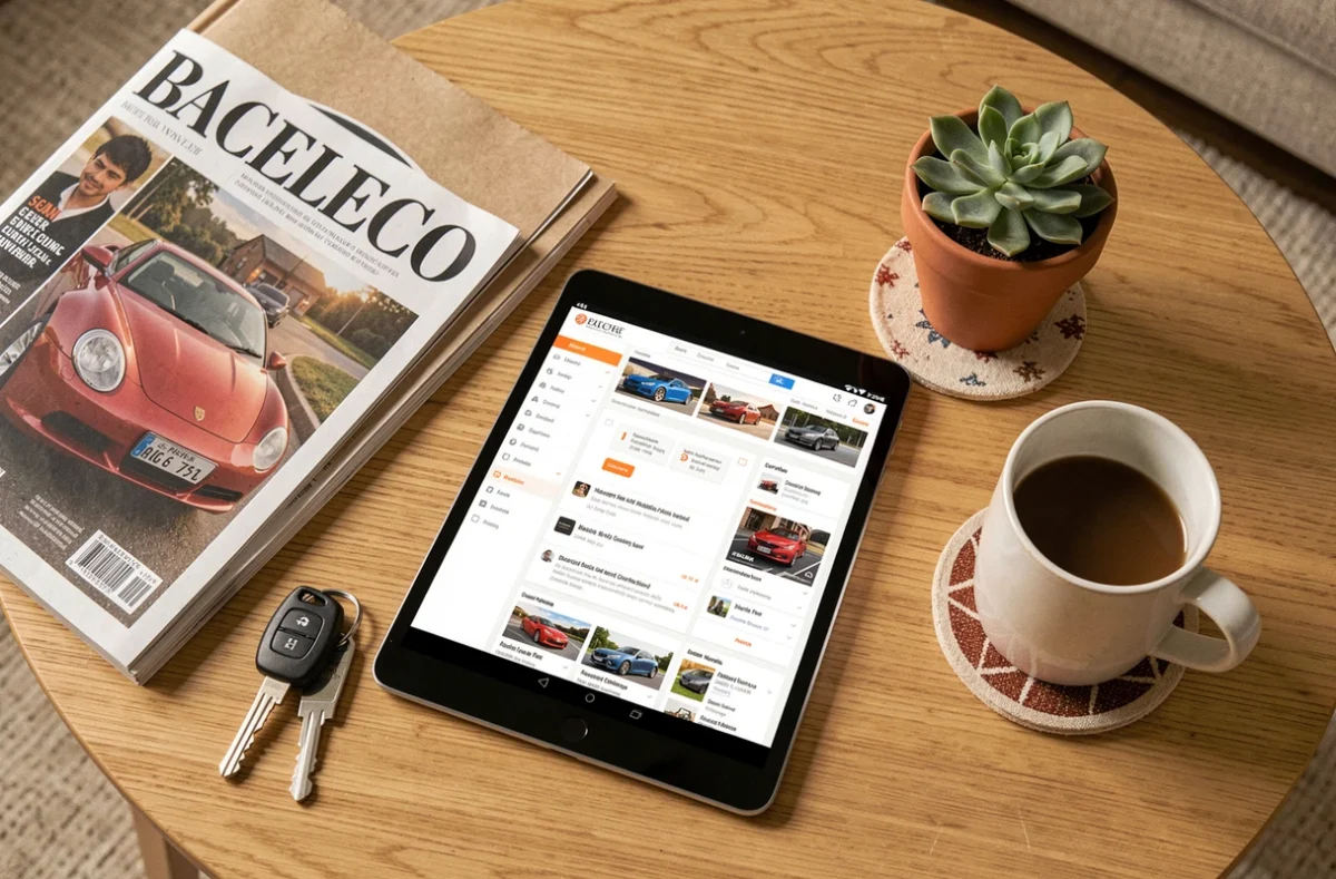 Vue du dessus d'une tablette affichant le plan du site d'un portail d'actualité automobile entourée d'accessoires auto