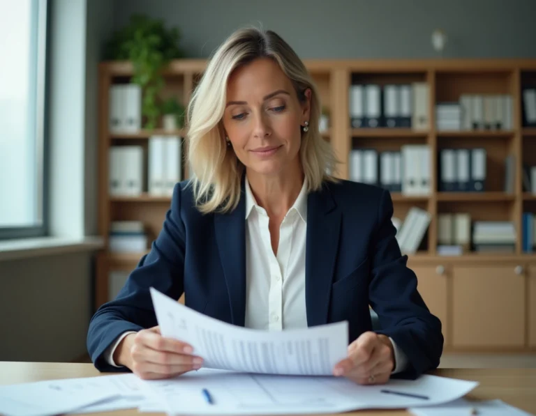 Fonctionnaire femme consultant des documents de simulation de prêt Casden à son bureau