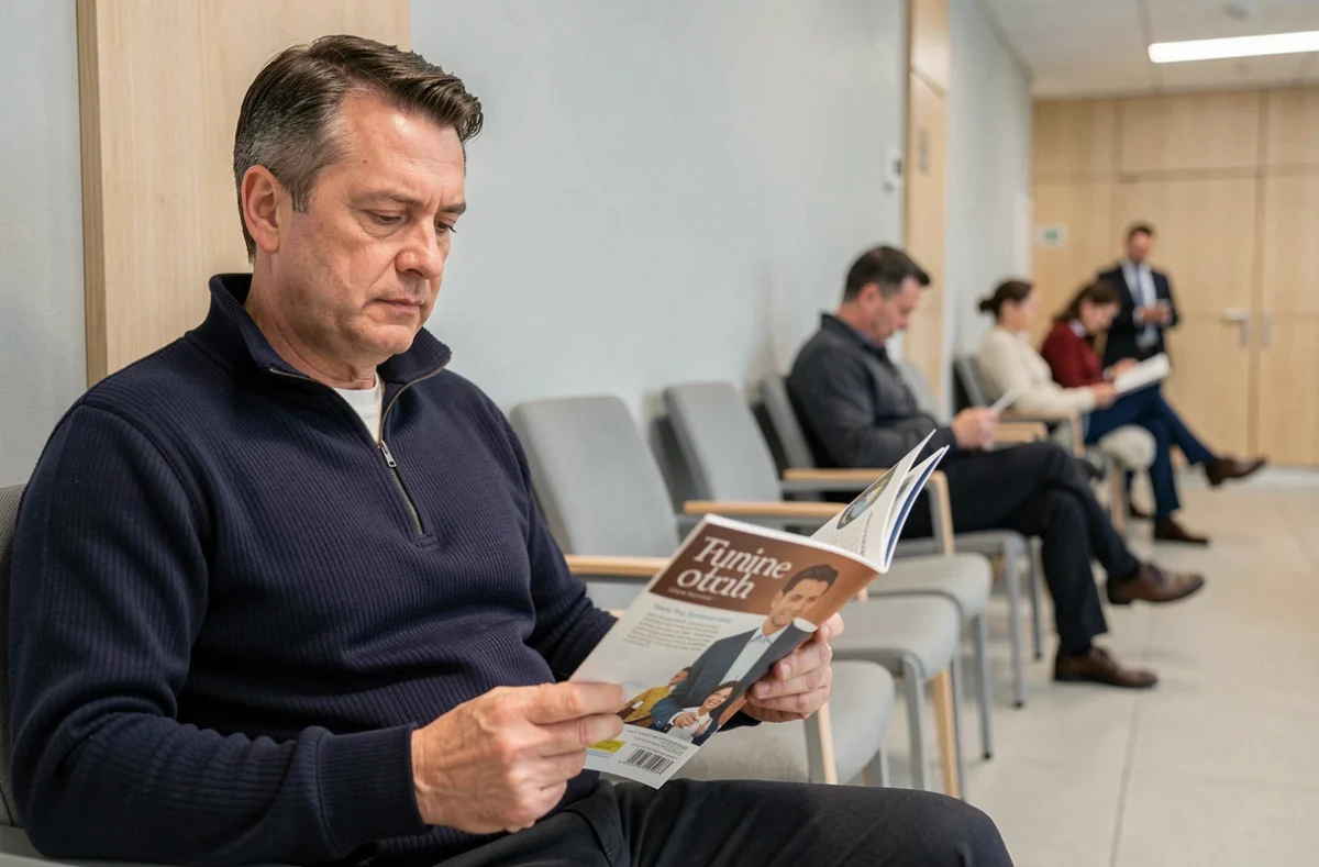 Homme lisant un magazine de santé dans une salle d'attente médicale moderne