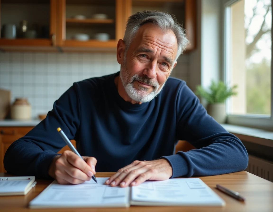 Homme remplissant un chèque différé à la maison avec un calendrier et des tickets de caisse Leclerc posés sur la table