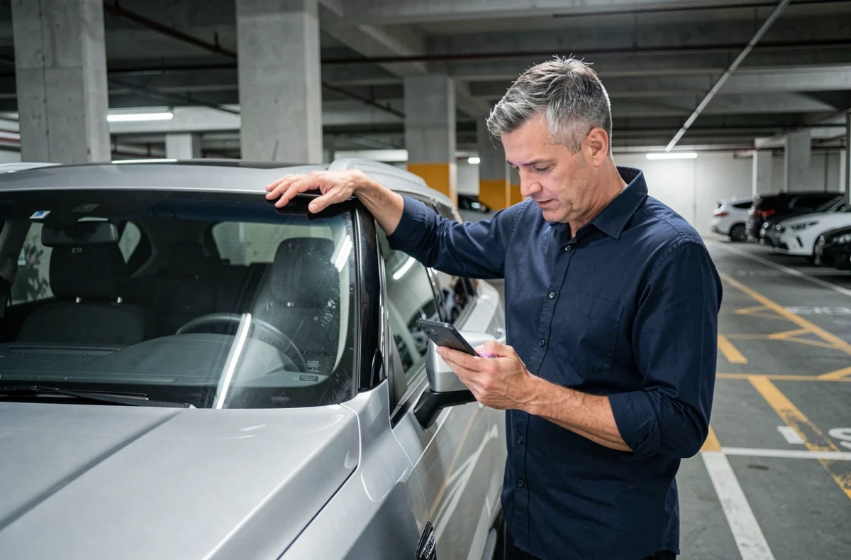 Homme consultant l'actualité automobile sur smartphone à côté d'un SUV dans un parking urbain