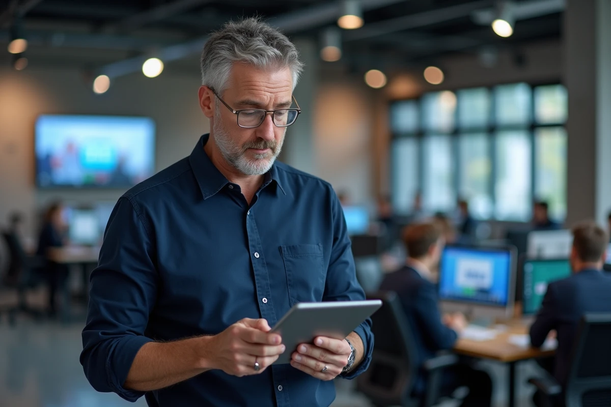 Homme consultant les contenus d'un site d'information sur une tablette dans une salle de rédaction moderne