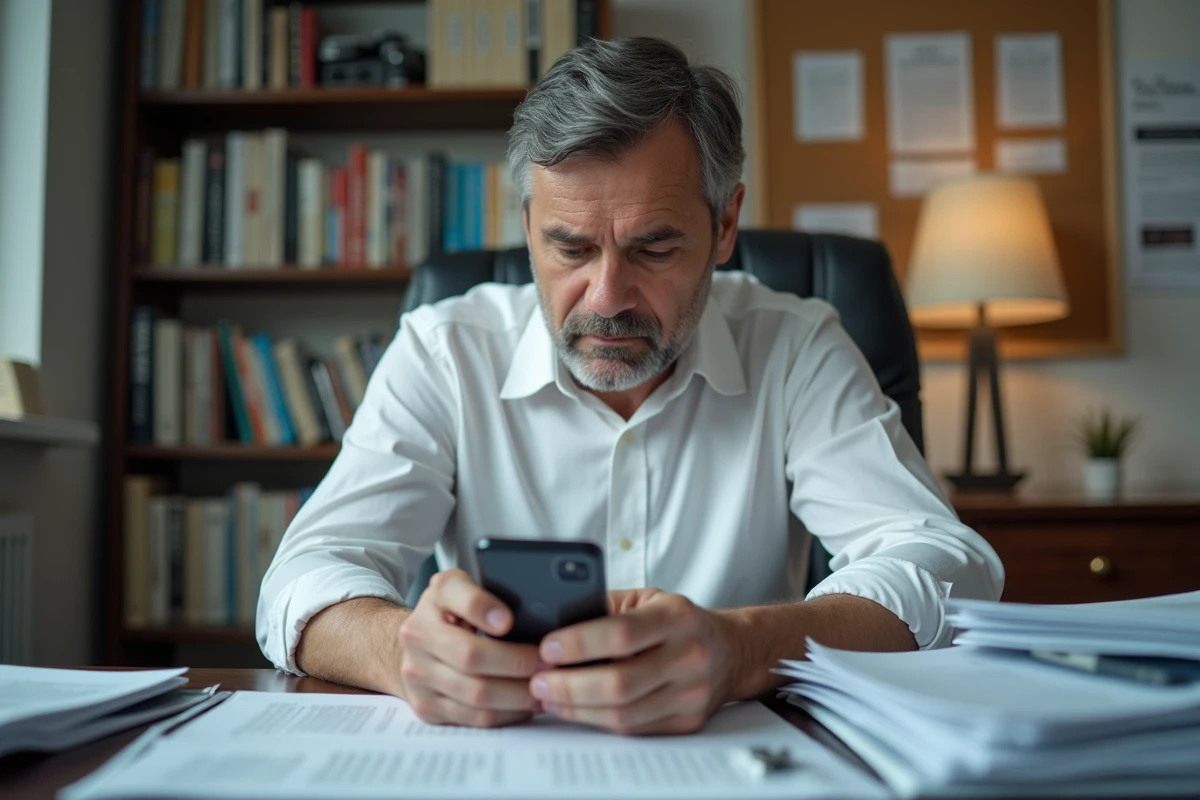 Homme concentré sur son smartphone dans un bureau organisé