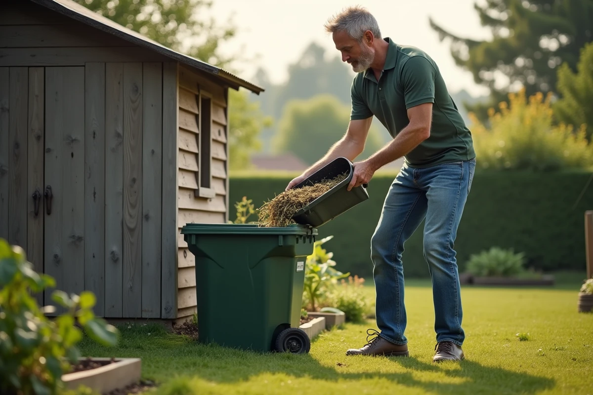 Homme vidant des déchets de jardin dans un composteur en arrière-plan