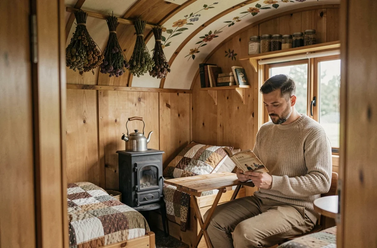Intérieur chaleureux d'une roulotte traditionnelle en bois avec un homme lisant près d'une fenêtre et un poêle à bois vintage