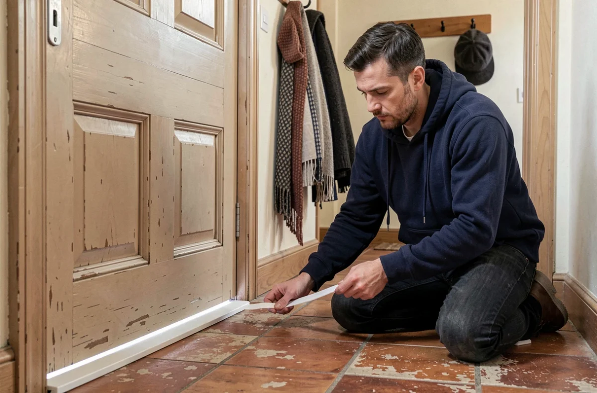 Homme posant un joint d'isolation sur le bas d'une porte d'entrée pour éviter les déperditions de chaleur