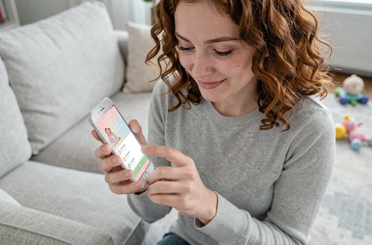 Jeune maman cherchant les informations de contact sur une application parentale depuis son smartphone
